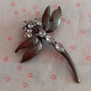 Pewter and Rhinestone Dragonfly Brooch